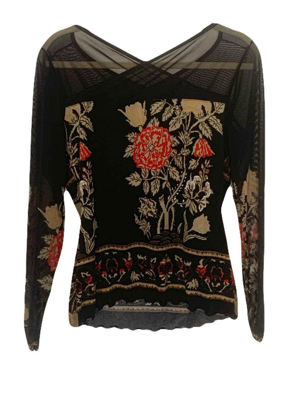 Vintage Y2K Black Nylon Floral Print XL Criss-Cross Long Sleeve Top Whimsigoth